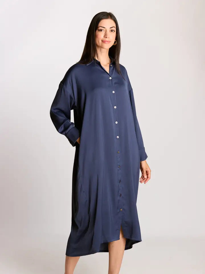 Soft Sheen Satin Oversized Button Up Shirt Dress