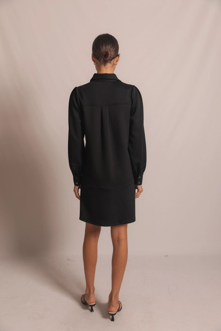 Black Butter Modal Ruffle Bottom Shirt Dress