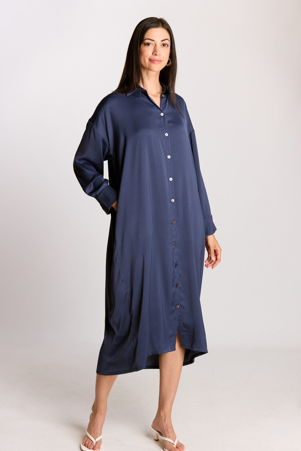 Soft Sheen Satin Oversized Button Up Shirt Dress