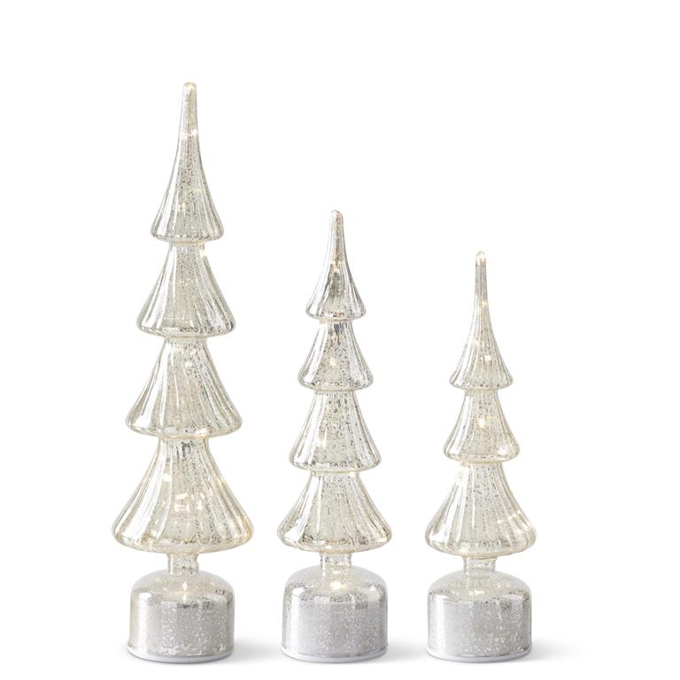 Set of 3 Rotating Ribbed Mercury Glass LED Trees w/Timers