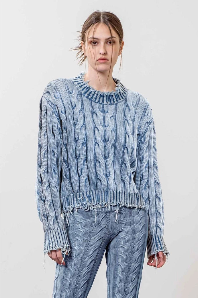 DISTRESSED TRIM CABLE KNIT/INDIGO