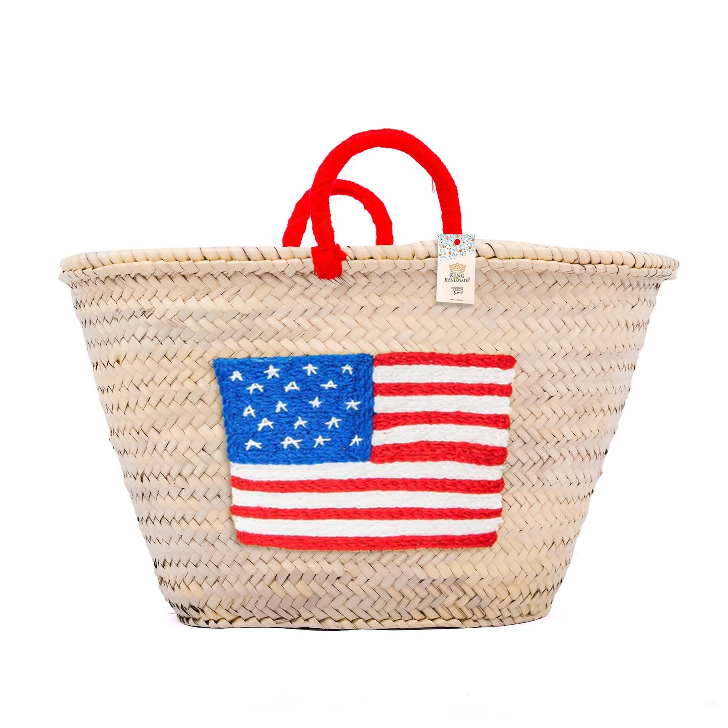 Embroidered US Flag Straw Tote - Small Handle American Bag