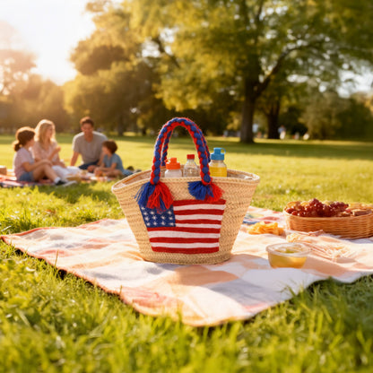 4th of July Straw Tote – Handmade USA Flag Basket
