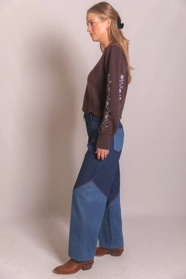 TWO-TONE DENIM ELASTIC WAIST WIDE LEG TROUSER