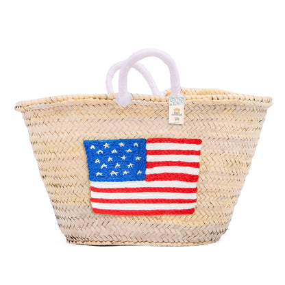Embroidered US Flag Straw Tote - Small Handle American Bag