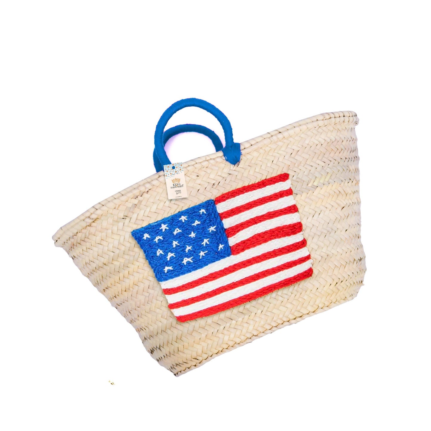 Embroidered US Flag Straw Tote - Small Handle American Bag