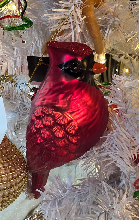 RED GLASS CARDINAL ORNAMENT W/RED GLITTER