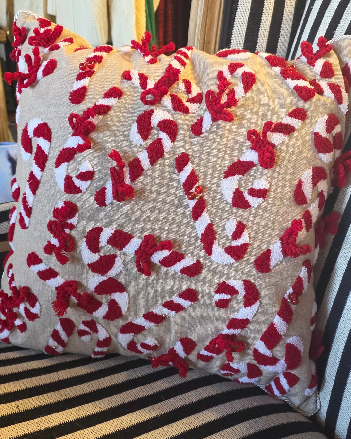 PIPED LINEN PILLOW W/CHENILLE CANDY CANES & BELLS