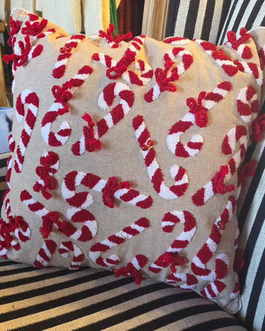 PIPED LINEN PILLOW W/CHENILLE CANDY CANES & BELLS