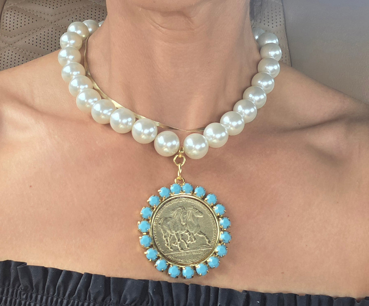 Large Pearls with Turquoise Trimmed Coin
