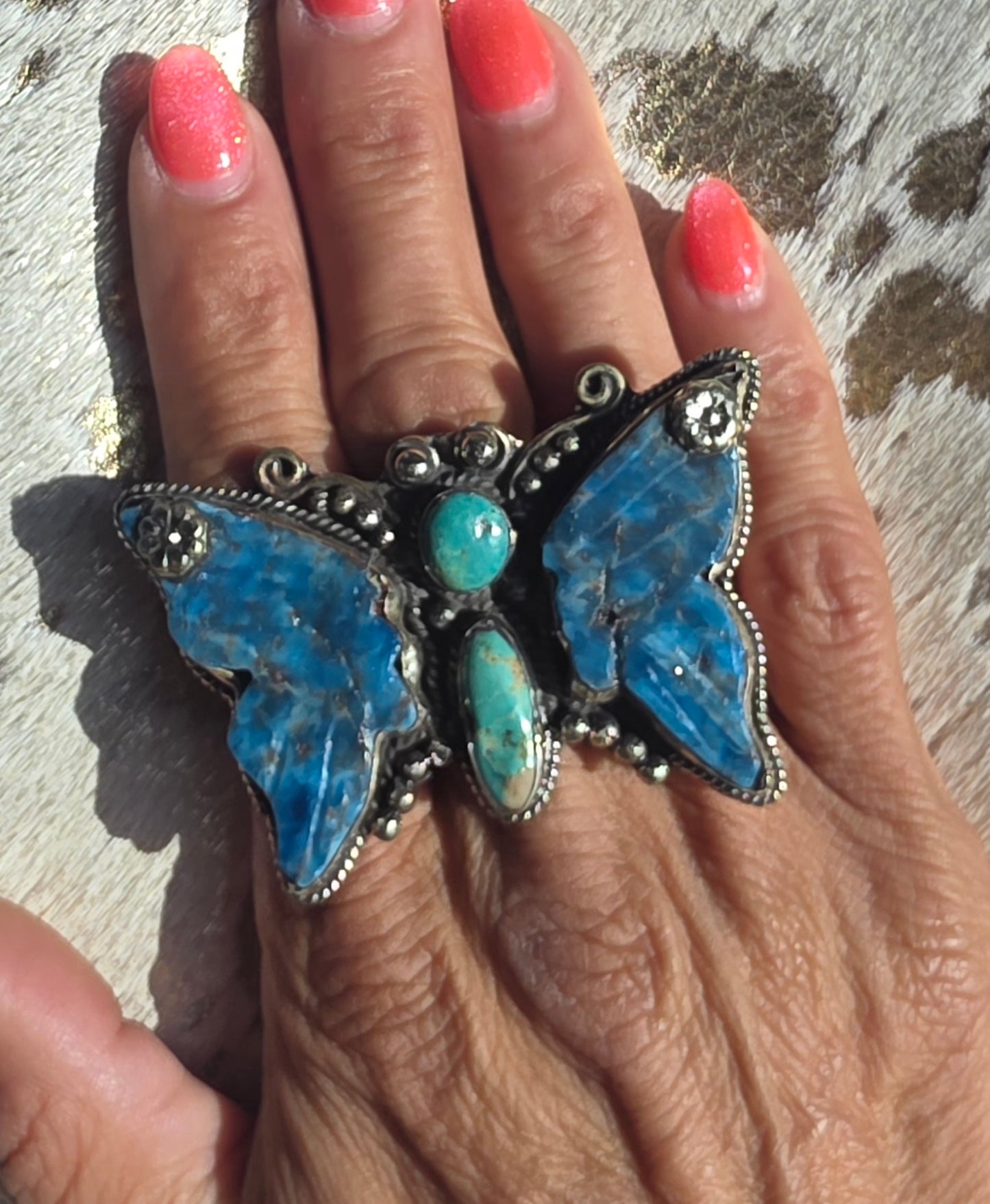 Large turquoise/silver butterfly ring