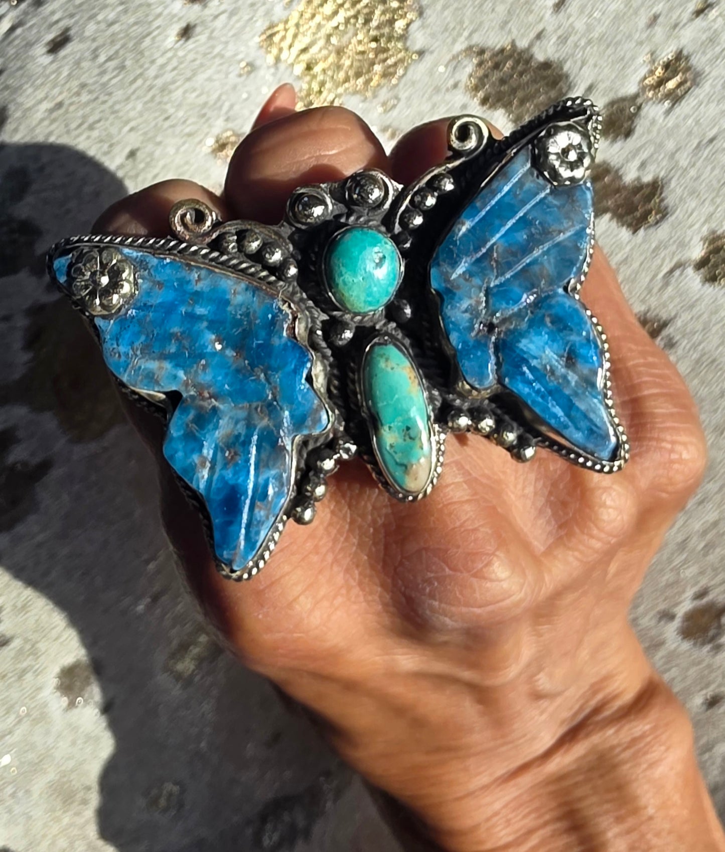 Large turquoise/silver butterfly ring