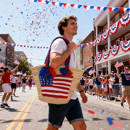 4th of July Straw Tote – Handmade USA Flag Basket