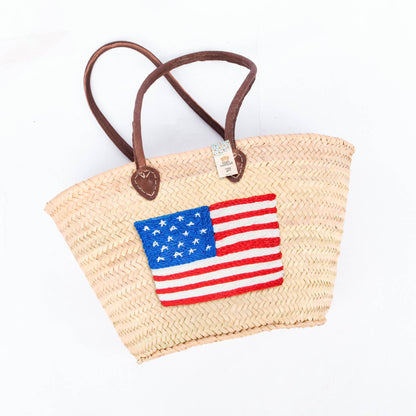 Straw Tote Bag - Large American Flag Bag with Brown Handles