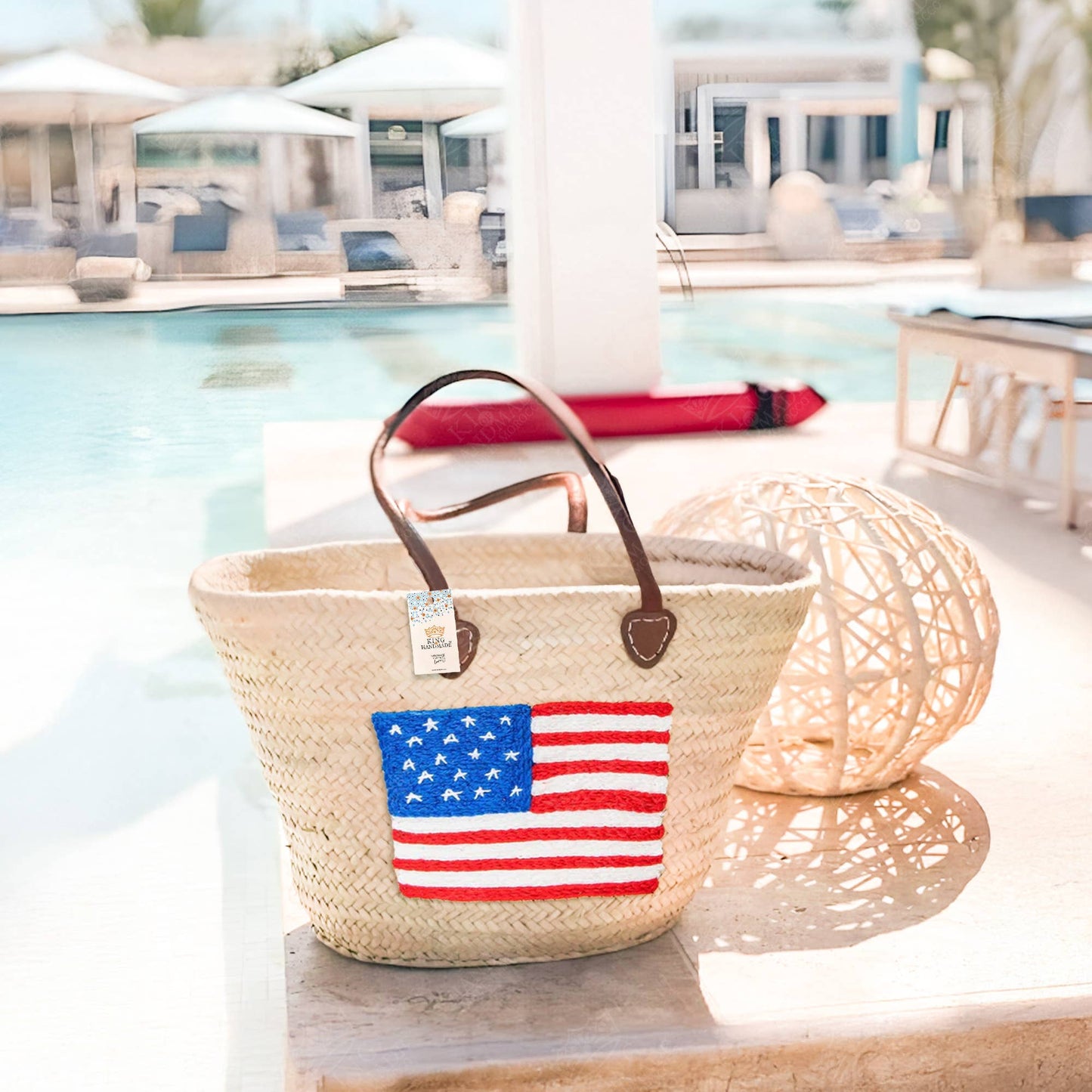 Straw Tote Bag - Large American Flag Bag with Brown Handles
