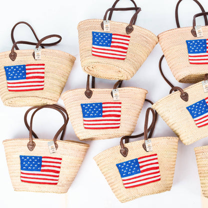 Straw Tote Bag - Large American Flag Bag with Brown Handles