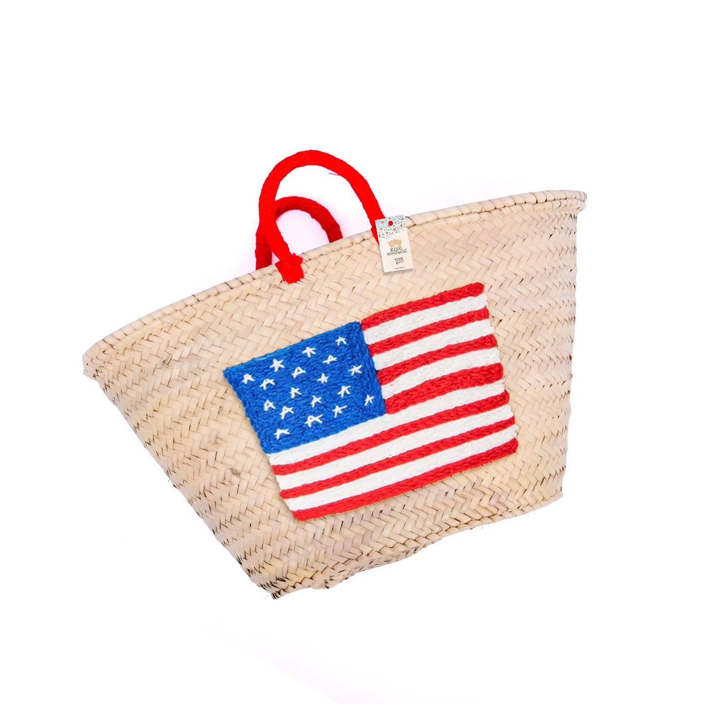 Embroidered US Flag Straw Tote - Small Handle American Bag