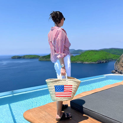 Embroidered US Flag Straw Tote - Small Handle American Bag