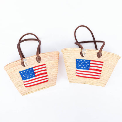 Straw Tote Bag - Large American Flag Bag with Brown Handles