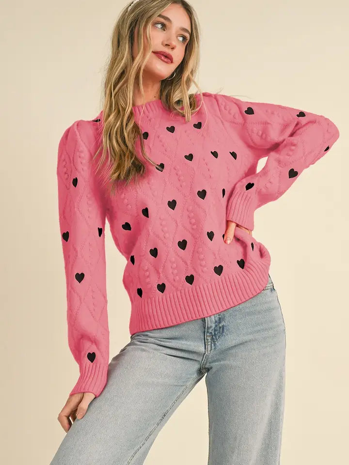 Heart Embroidery Pom Pom Sweater