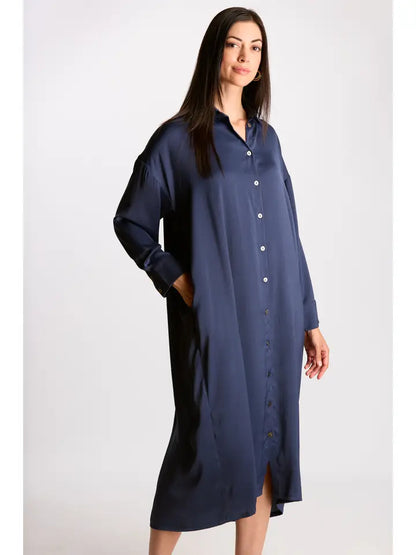 Soft Sheen Satin Oversized Button Up Shirt Dress