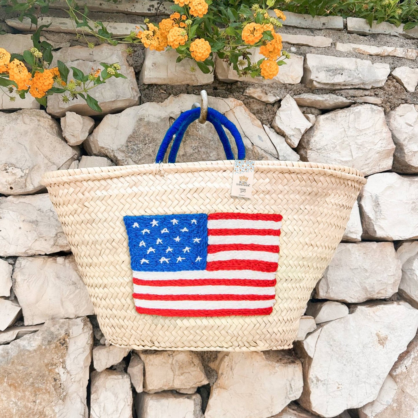 Embroidered US Flag Straw Tote - Small Handle American Bag
