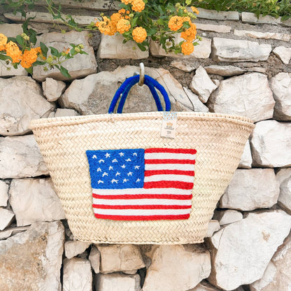 Embroidered US Flag Straw Tote - Small Handle American Bag