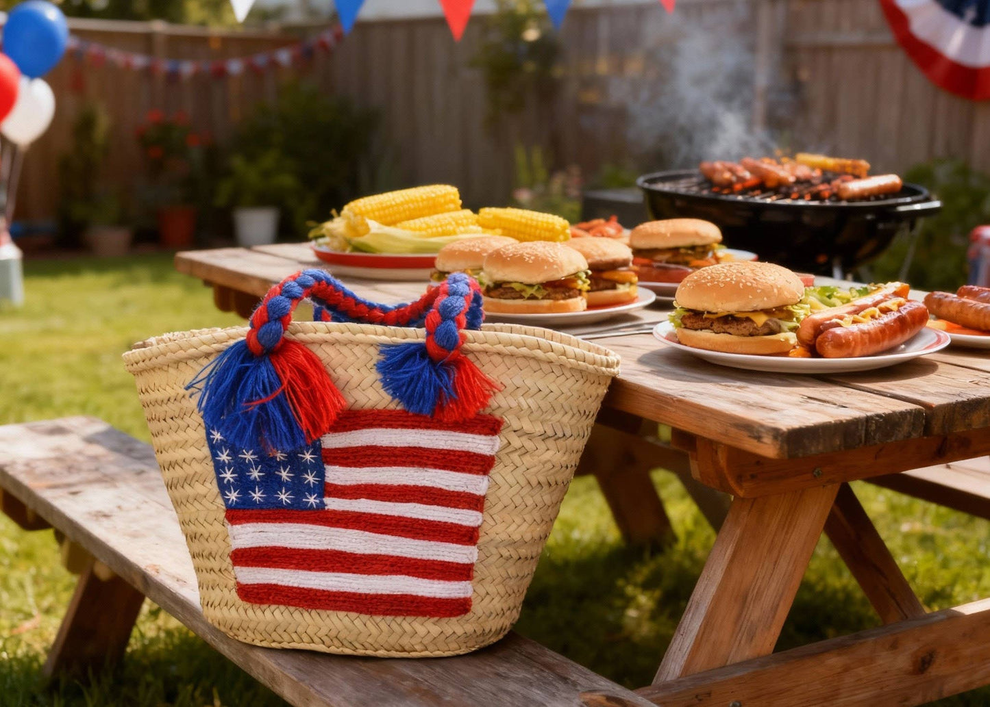 4th of July Straw Tote – Handmade USA Flag Basket