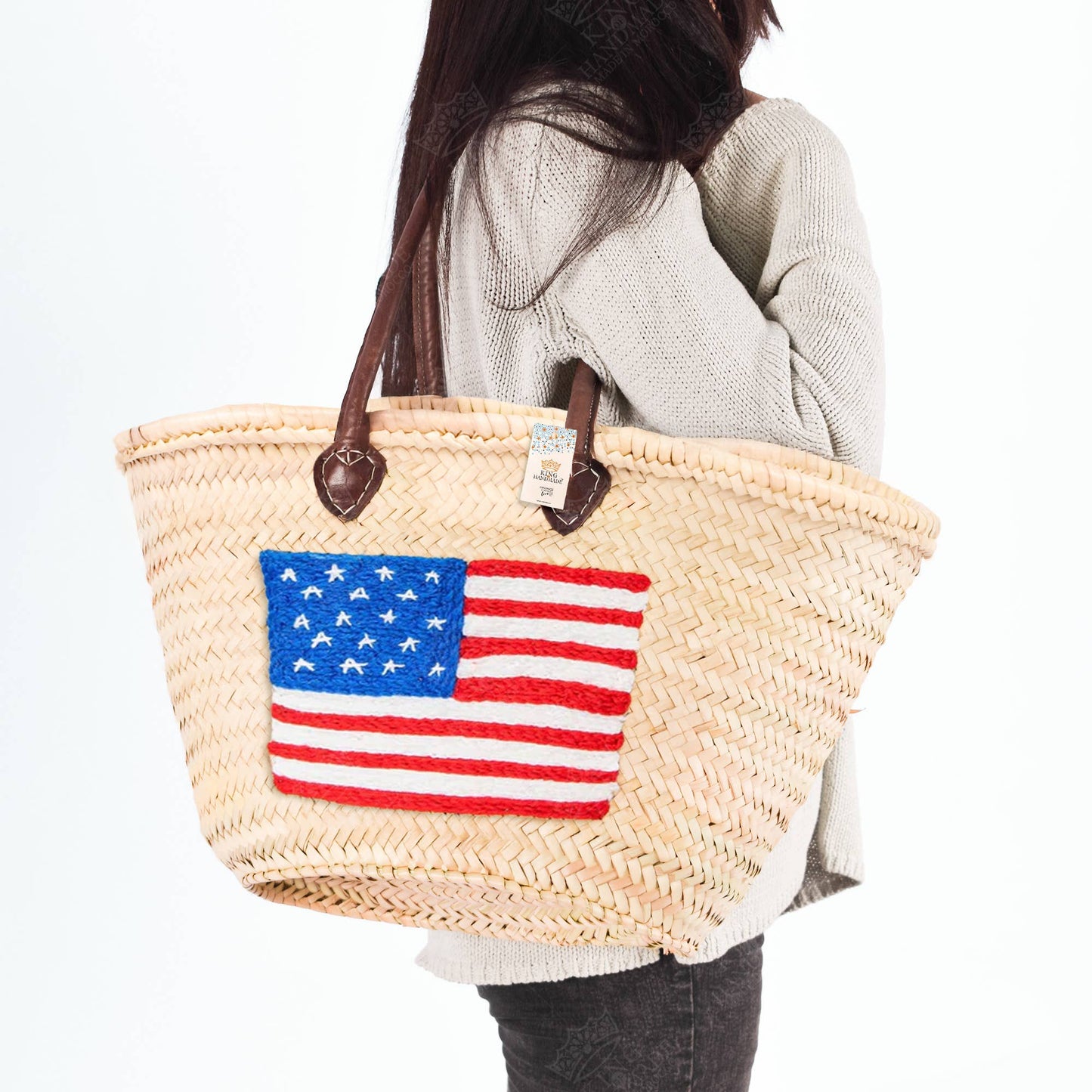 Straw Tote Bag - Large American Flag Bag with Brown Handles