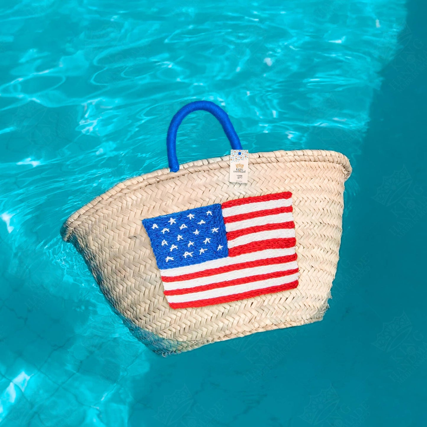 Embroidered US Flag Straw Tote - Small Handle American Bag