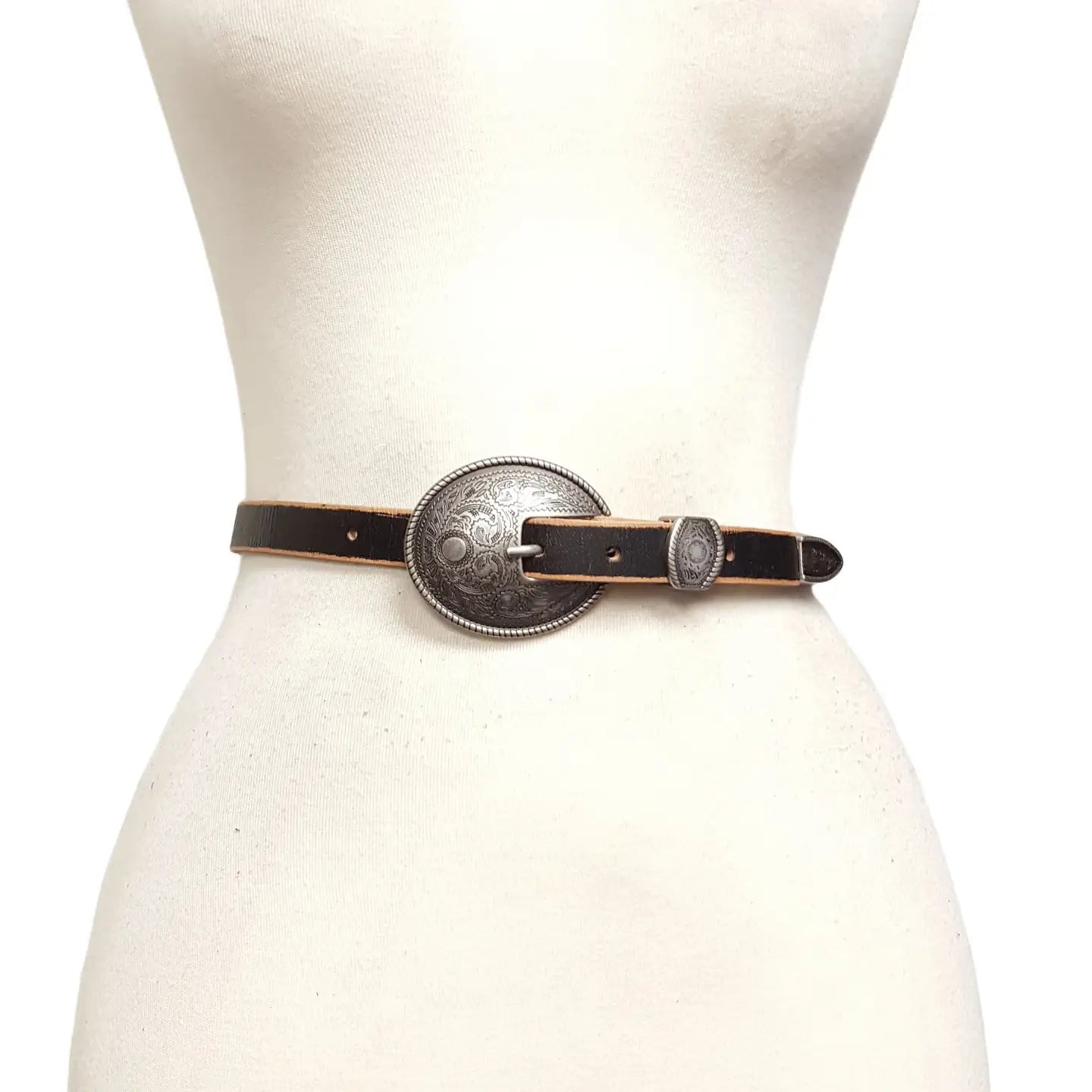 VINTAGE SKINNY LEATHER BELT/ANTIQUE SILVER FLORAL BUCKLE