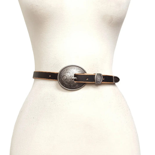 VINTAGE SKINNY LEATHER BELT/ANTIQUE SILVER FLORAL BUCKLE