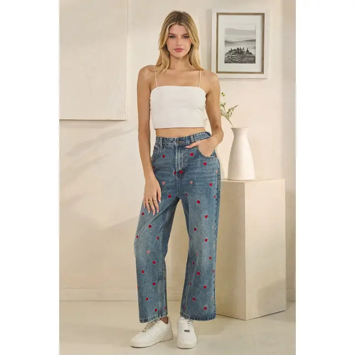 Washed Heart Embroidered Boyfriend Jeans