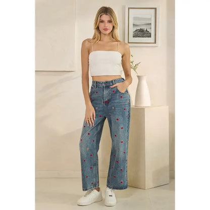 Washed Heart Embroidered Boyfriend Jeans