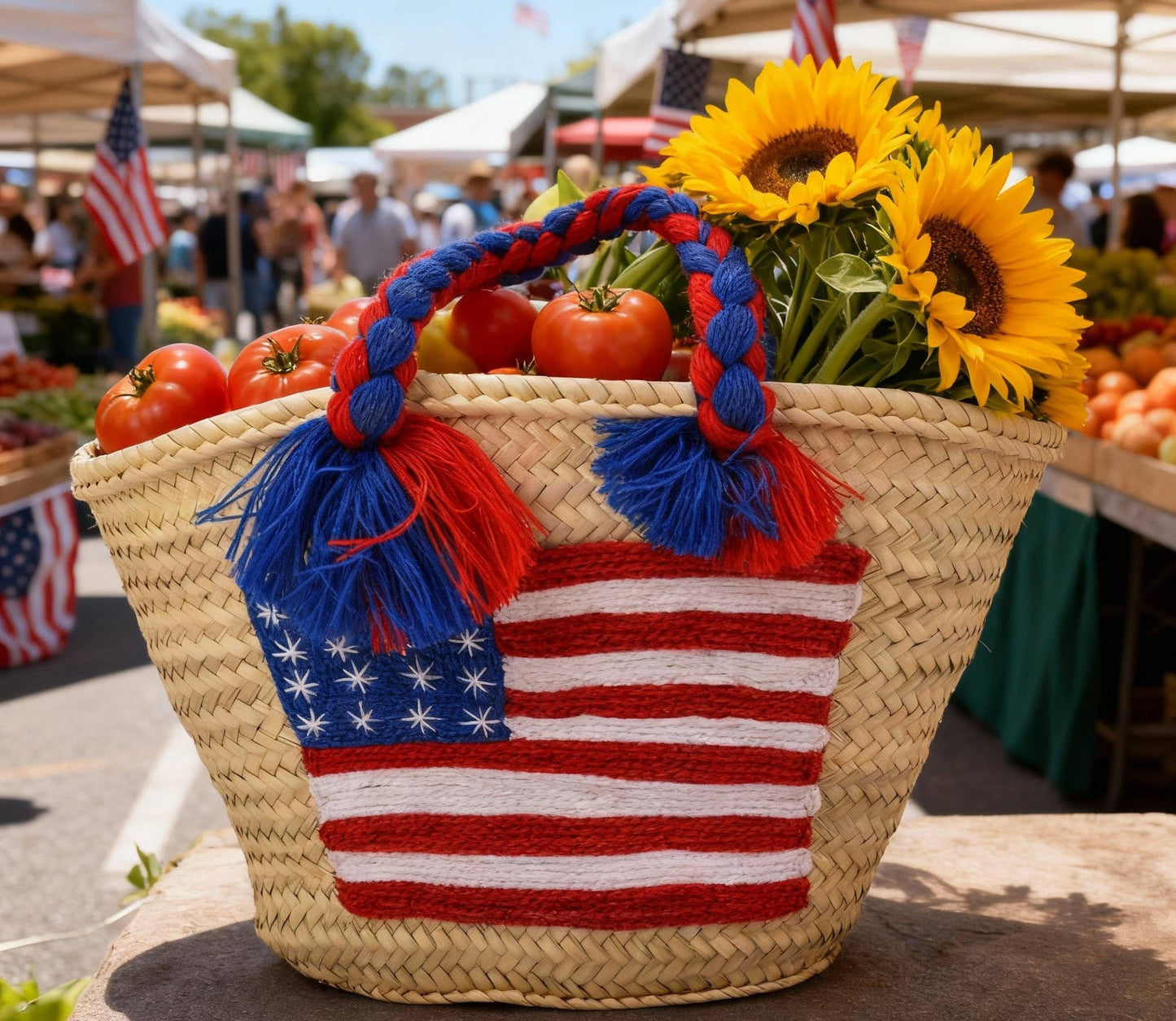 4th of July Straw Tote – Handmade USA Flag Basket