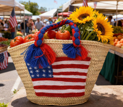 4th of July Straw Tote – Handmade USA Flag Basket