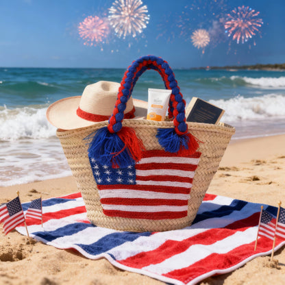 4th of July Straw Tote – Handmade USA Flag Basket