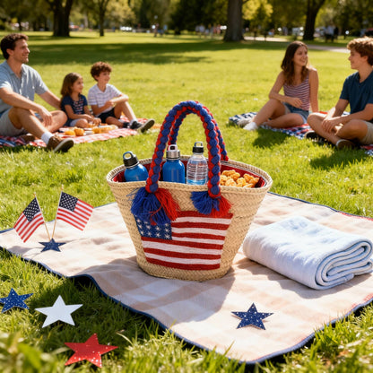 4th of July Straw Tote – Handmade USA Flag Basket