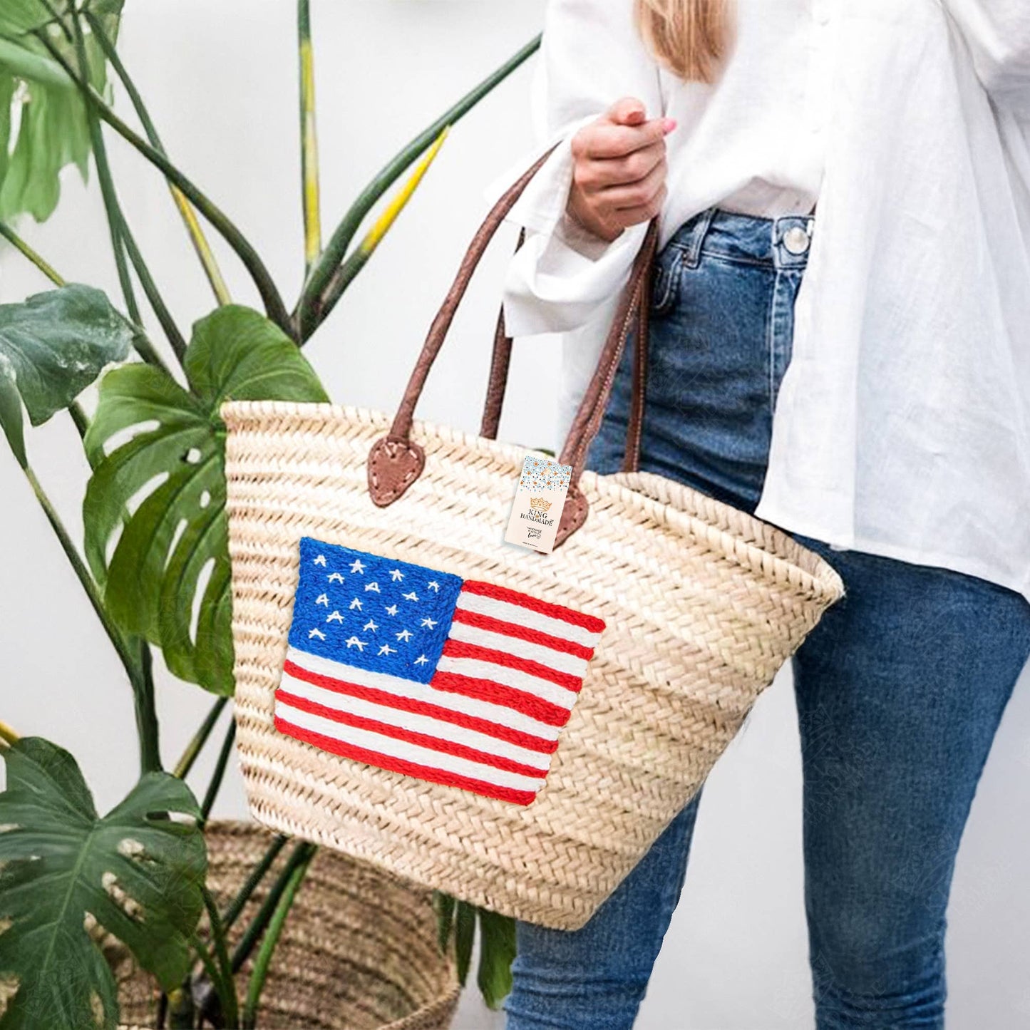 Straw Tote Bag - Large American Flag Bag with Brown Handles