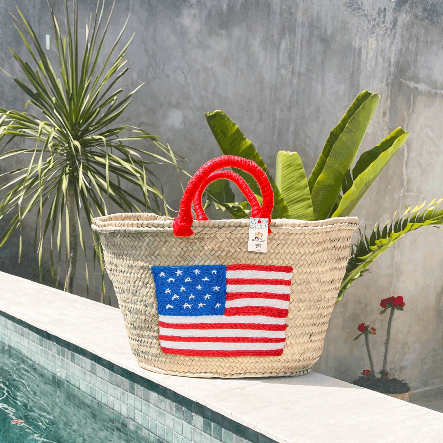 Embroidered US Flag Straw Tote - Small Handle American Bag