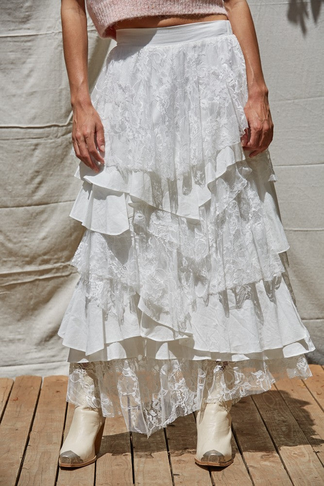 WOVEN COTTON TIERED RUFFLE MAXI SKIRT