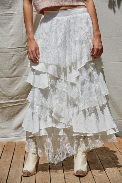 WOVEN COTTON TIERED RUFFLE MAXI SKIRT