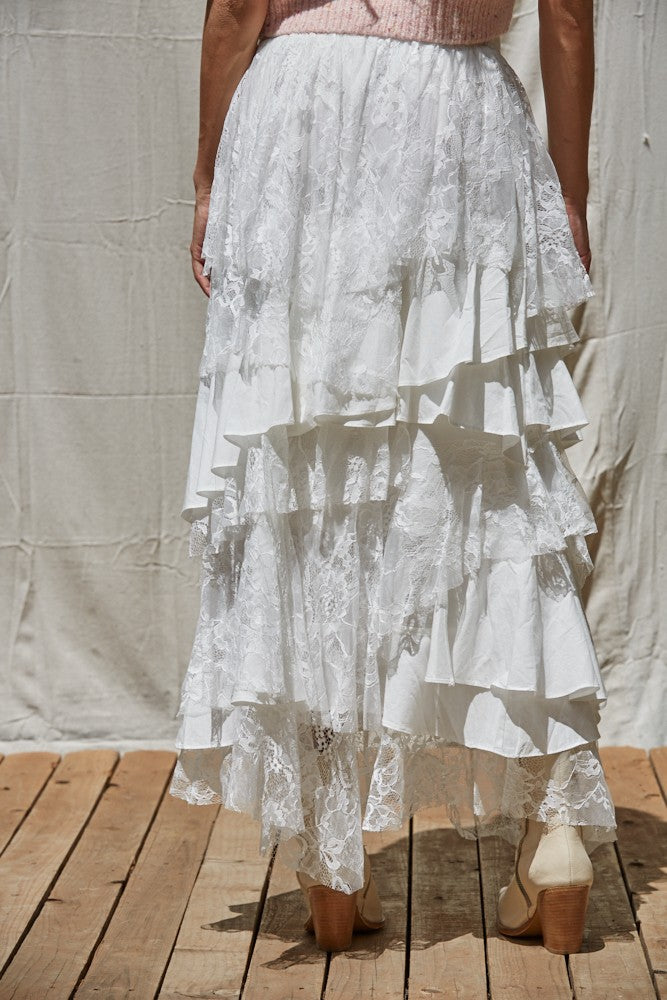 WOVEN COTTON TIERED RUFFLE MAXI SKIRT