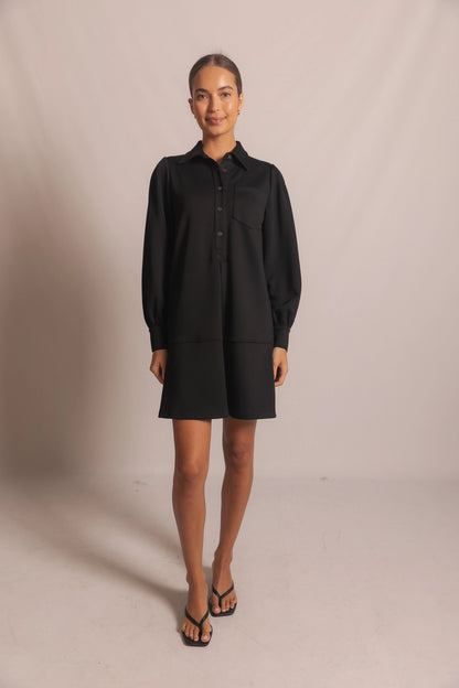 Black Butter Modal Ruffle Bottom Shirt Dress