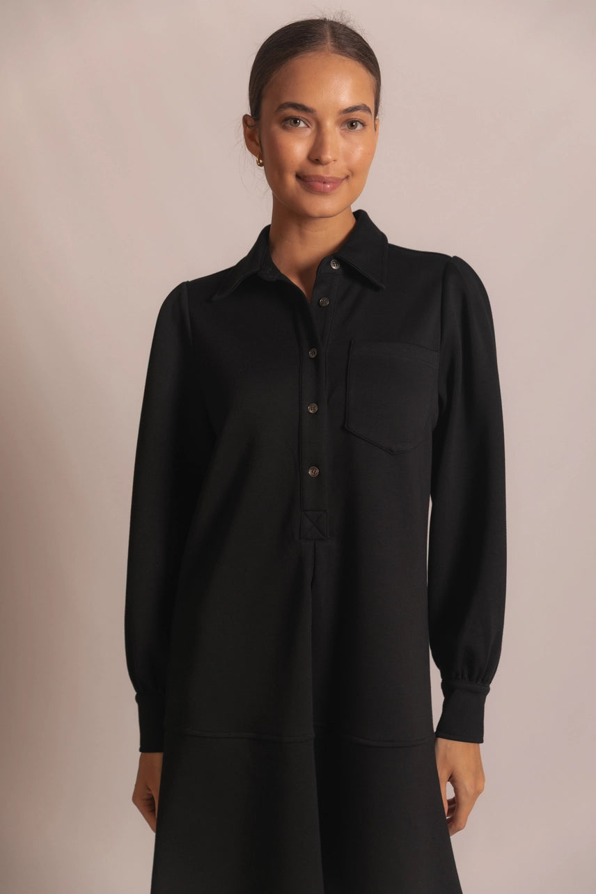 Black Butter Modal Ruffle Bottom Shirt Dress