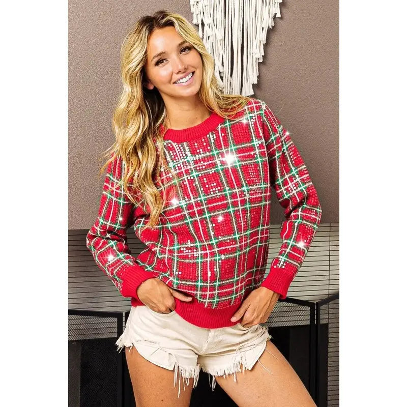 CLEAR SEQUIN PLAID SWEATER