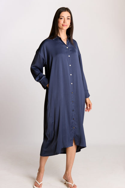 Soft Sheen Satin Oversized Button Up Shirt Dress