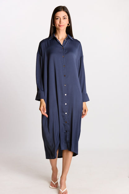 Soft Sheen Satin Oversized Button Up Shirt Dress