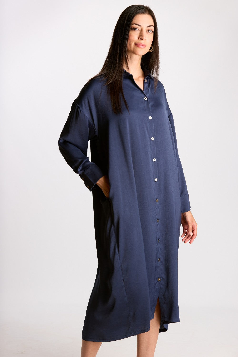 Soft Sheen Satin Oversized Button Up Shirt Dress