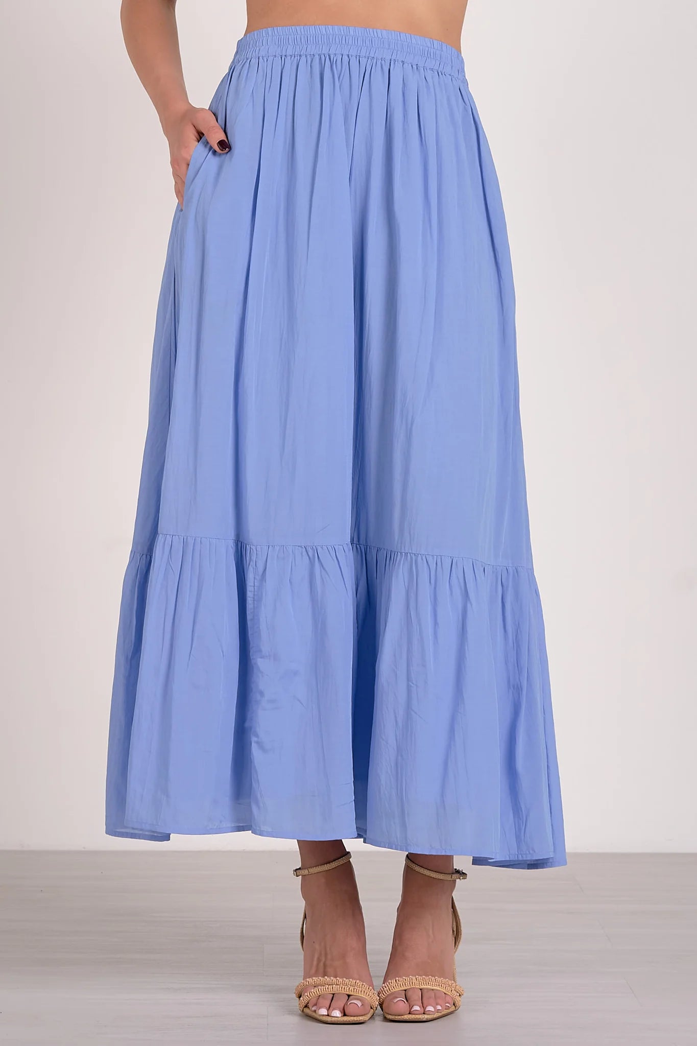 BLUE MIDI TIERED SKIRT